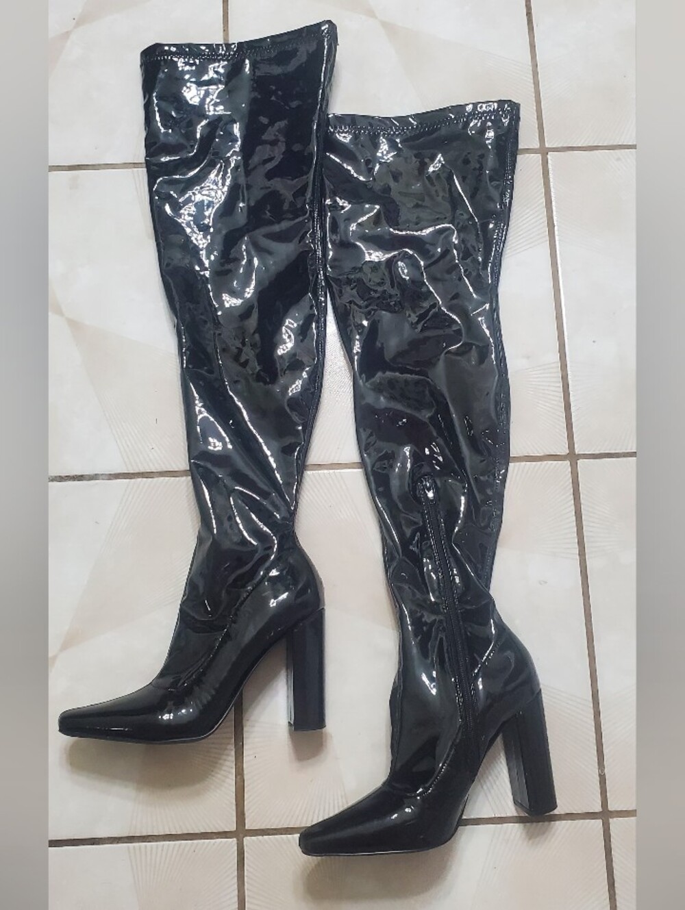Black Patent Over-the-Knee Heeled Boots